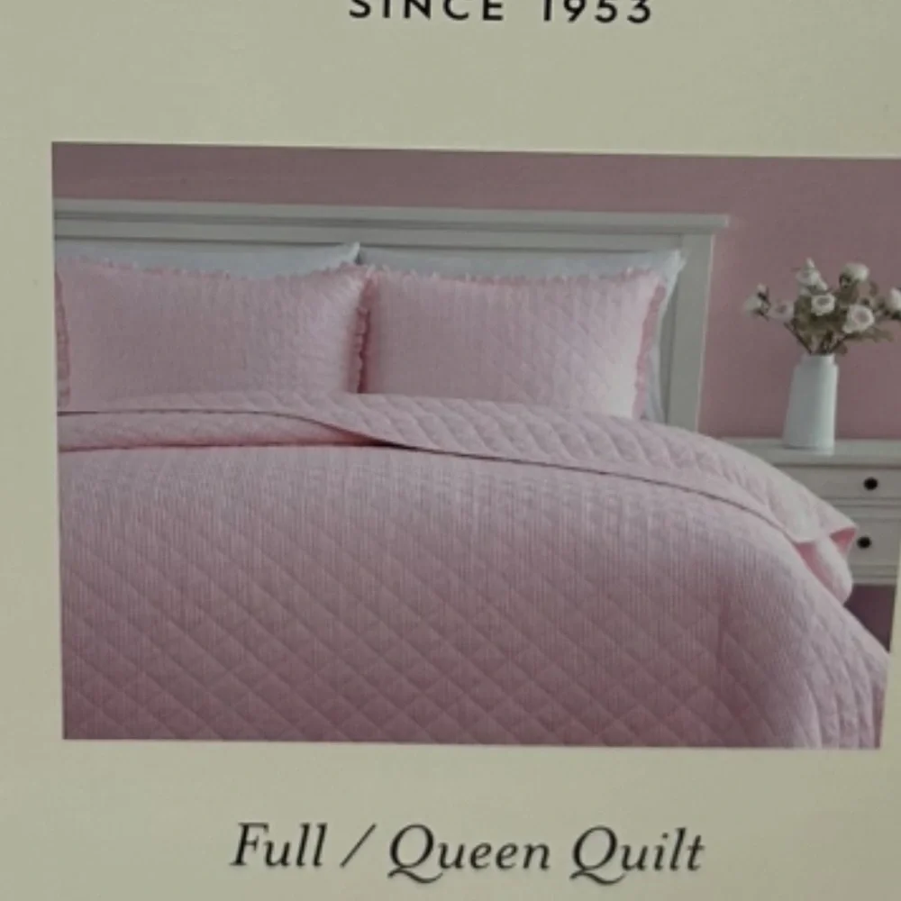 Laura Ashley Pink and White Striped Queen Cotton Quilt 90”x90”